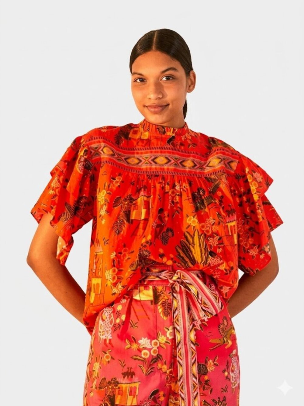 Farm Rio Secret Garden Smocked Ruffle Top Blouse Medium New